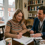 Two people reviewing home insurance documents at a cosy table with a cup of tea and books in the background
