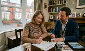 Two people reviewing home insurance documents at a cosy table with a cup of tea and books in the background